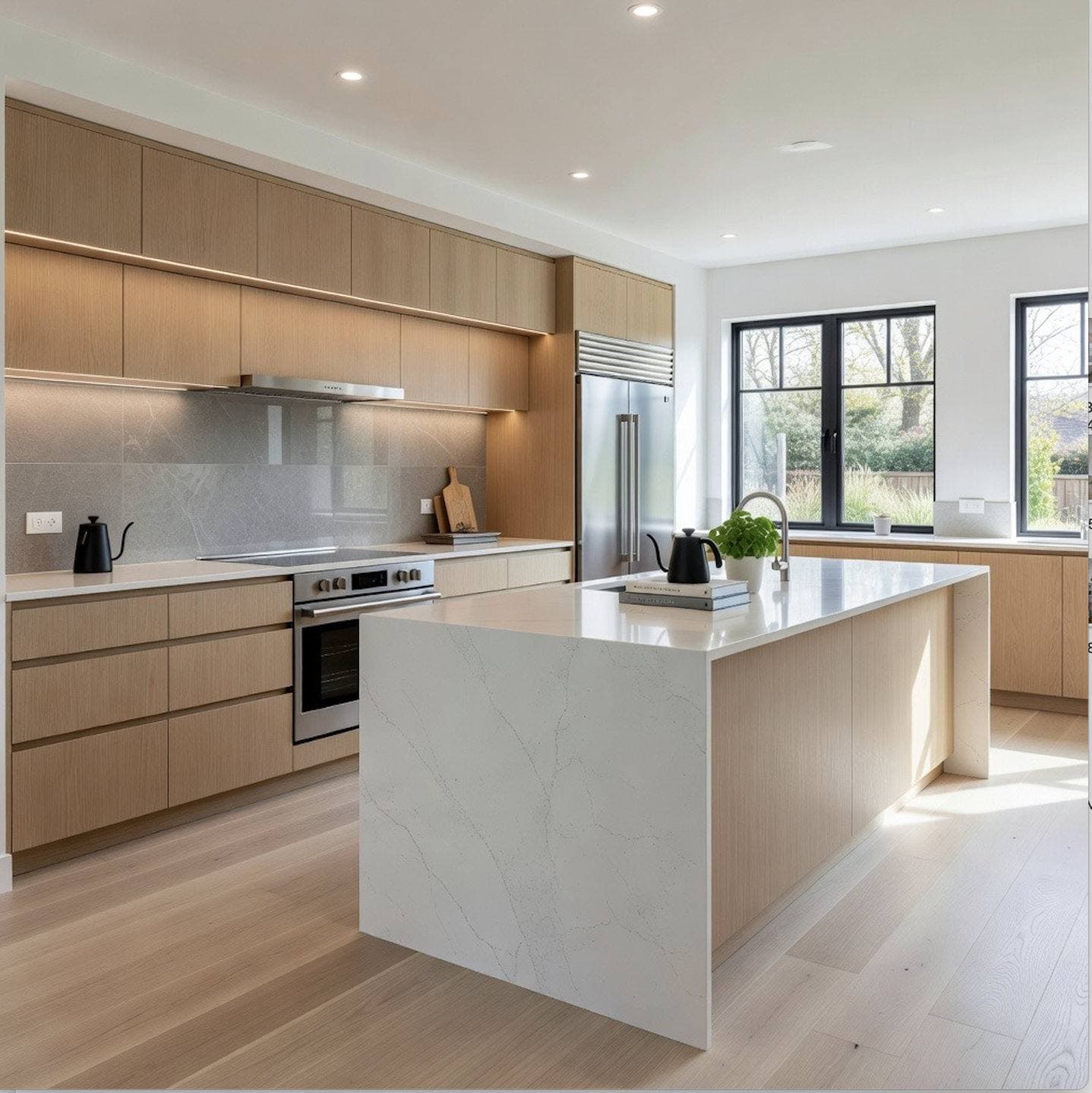 Completed kitchen remodel with white shaker cabinetry, a center island with pendant lighting, and stainless steel appliances