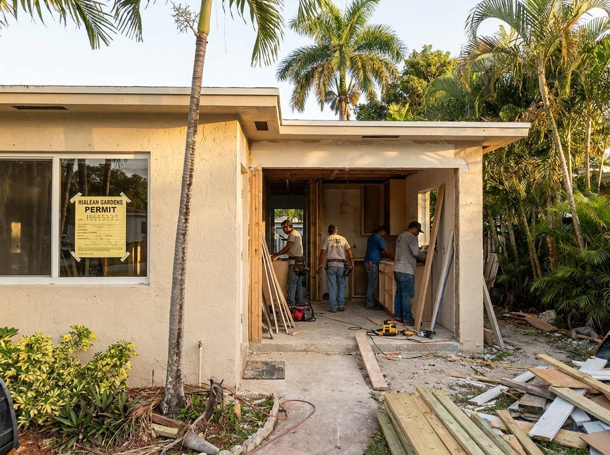 Active Gaven Constructions kitchen remodel jobsite in Hialeah Gardens with permit posted