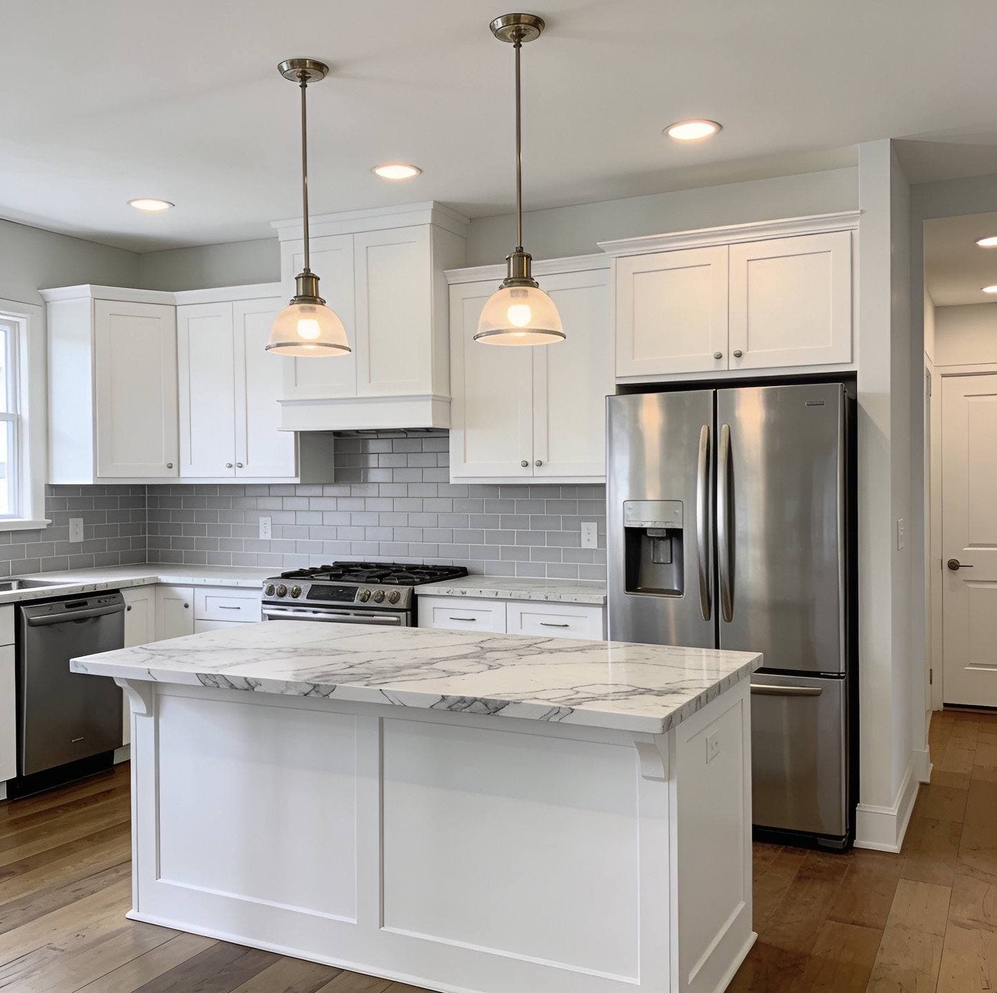 Completed kitchen remodel with white shaker cabinetry, a waterfall-edge island, and stainless steel appliances