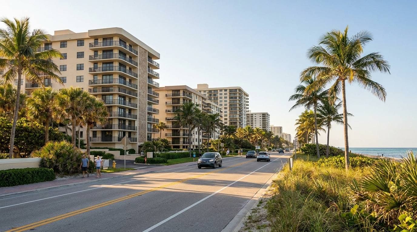 Highland Beach barrier-island oceanfront condo corridor on S Ocean Blvd, Palm Beach County