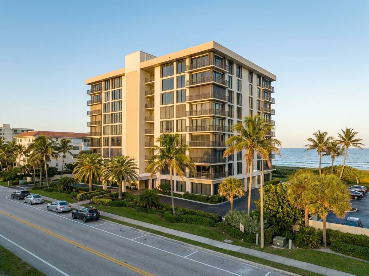 Highland Beach oceanfront condo tower exterior on S Ocean Blvd, Wind-Borne Debris Region