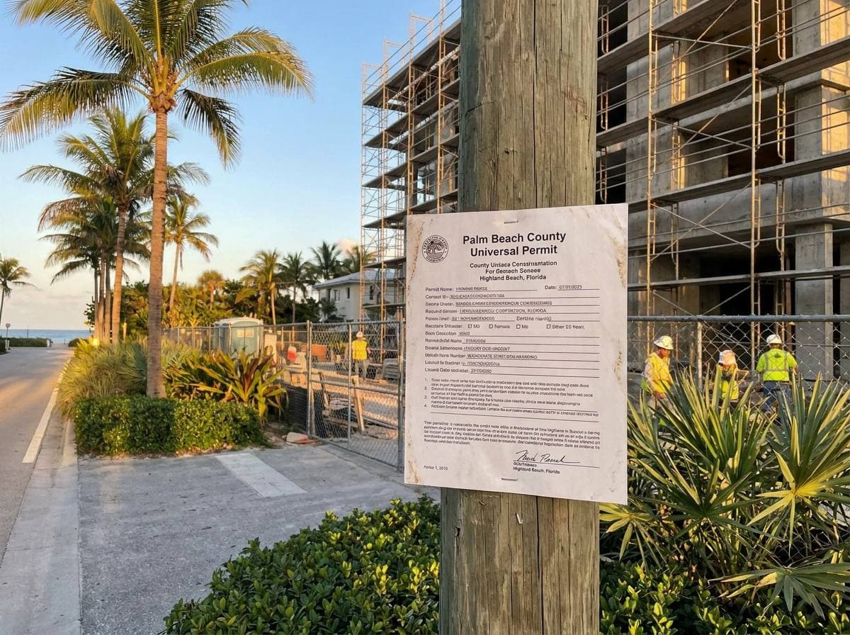 Posted Palm Beach County Universal Permit at active Gaven Constructions condo jobsite, Highland Beach
