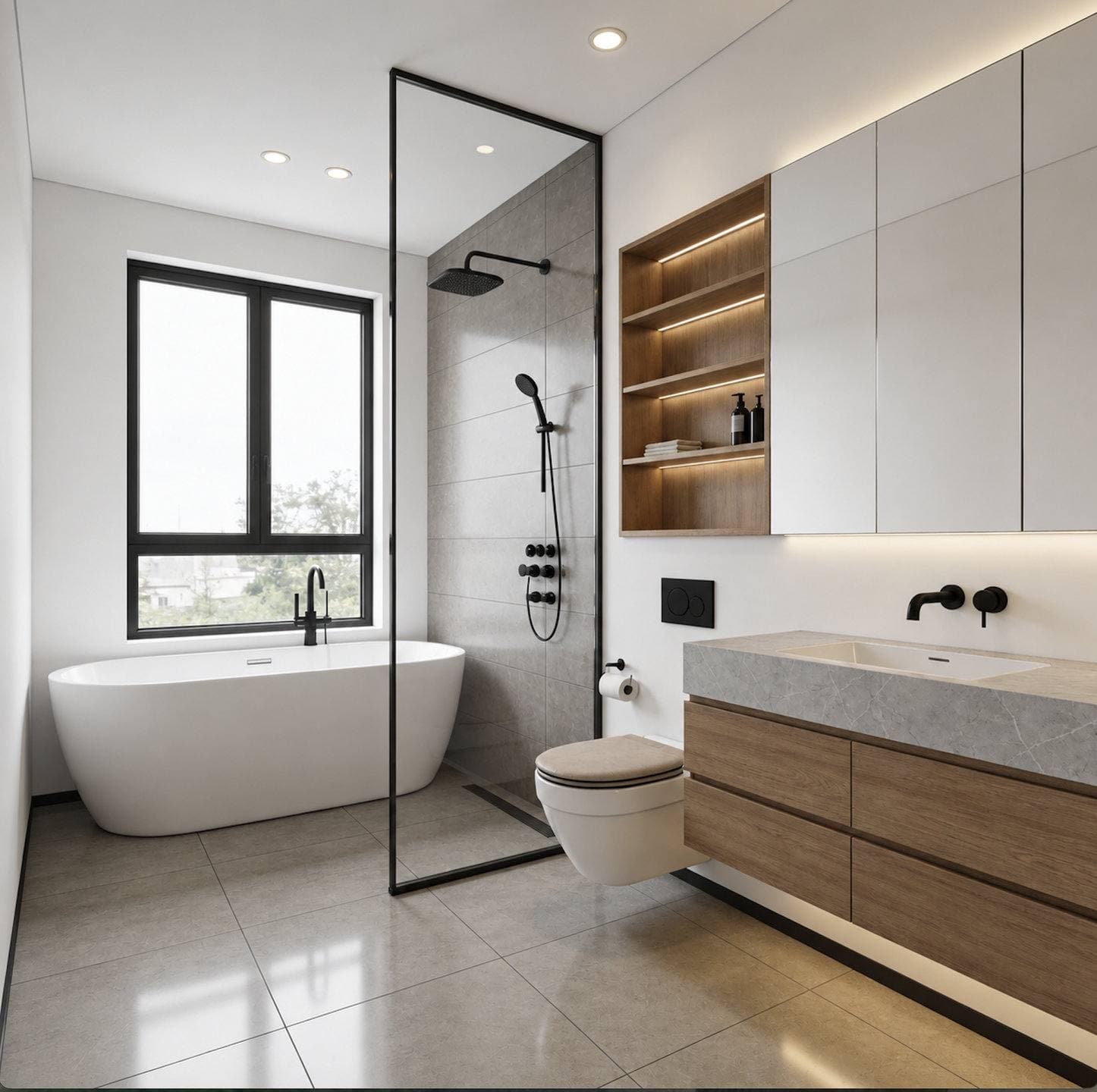 Completed bathroom remodel with a floating wood vanity and a freestanding soaking tub and a glass-enclosed walk-in shower