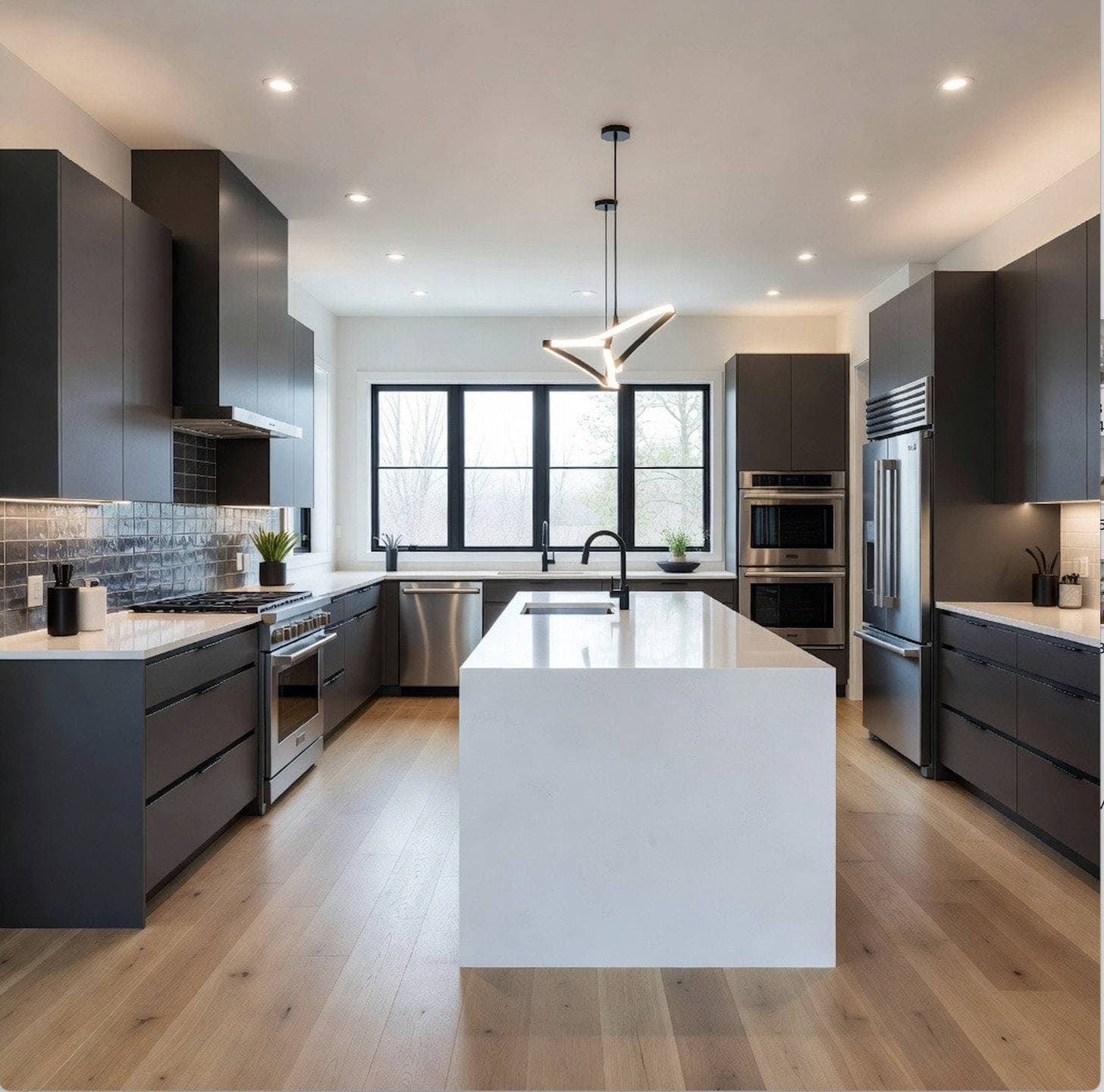 Completed kitchen remodel with two-tone dark and white cabinetry, a center island with pendant lighting, and stainless steel appliances