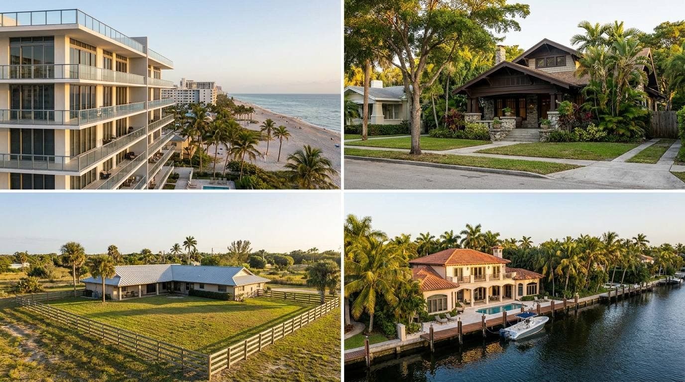 Hollywood property types: oceanfront condo, historic Craftsman, inland ranch, intracoastal single-family