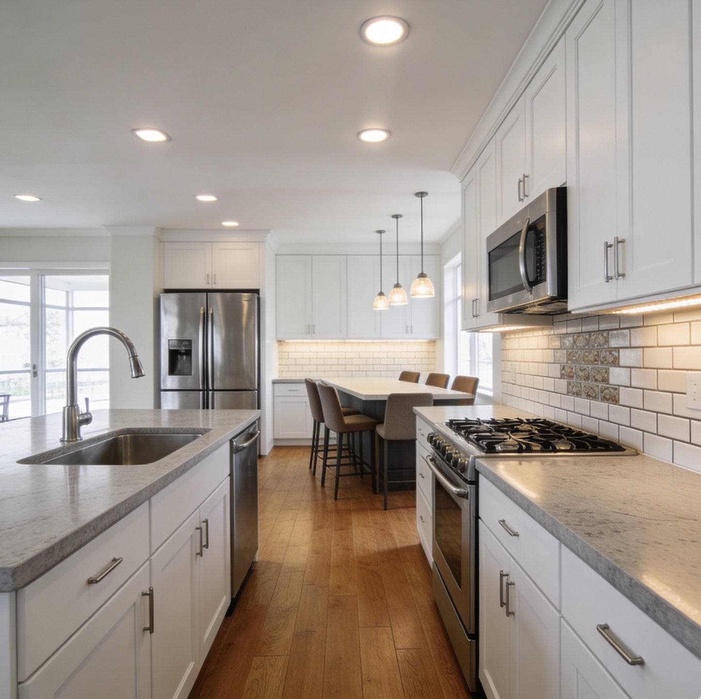 Completed kitchen remodel with white shaker cabinetry, a center island with pendant lighting, and stainless steel appliances