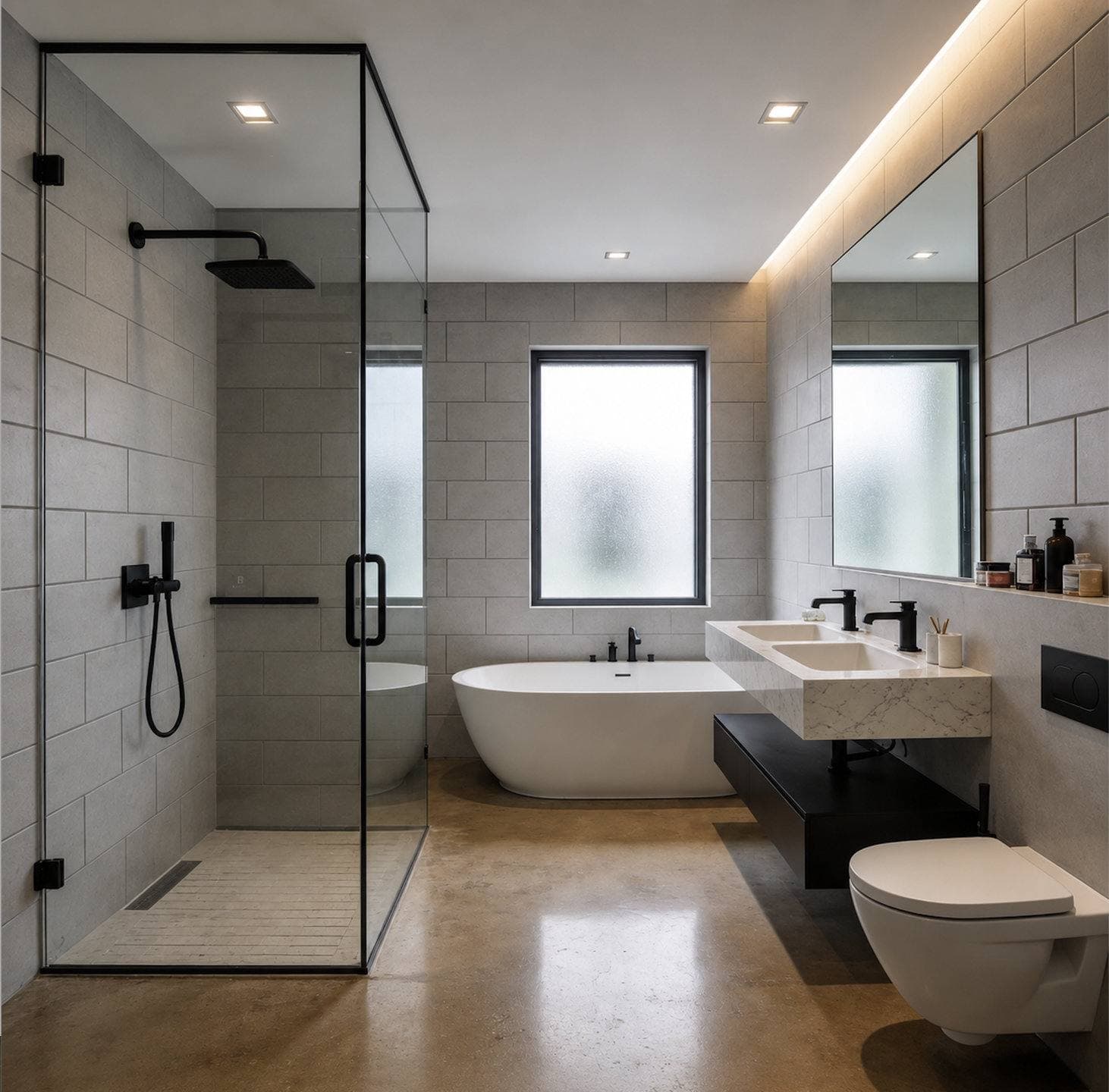 Completed bathroom remodel with a floating wood vanity and a freestanding soaking tub and a glass-enclosed walk-in shower
