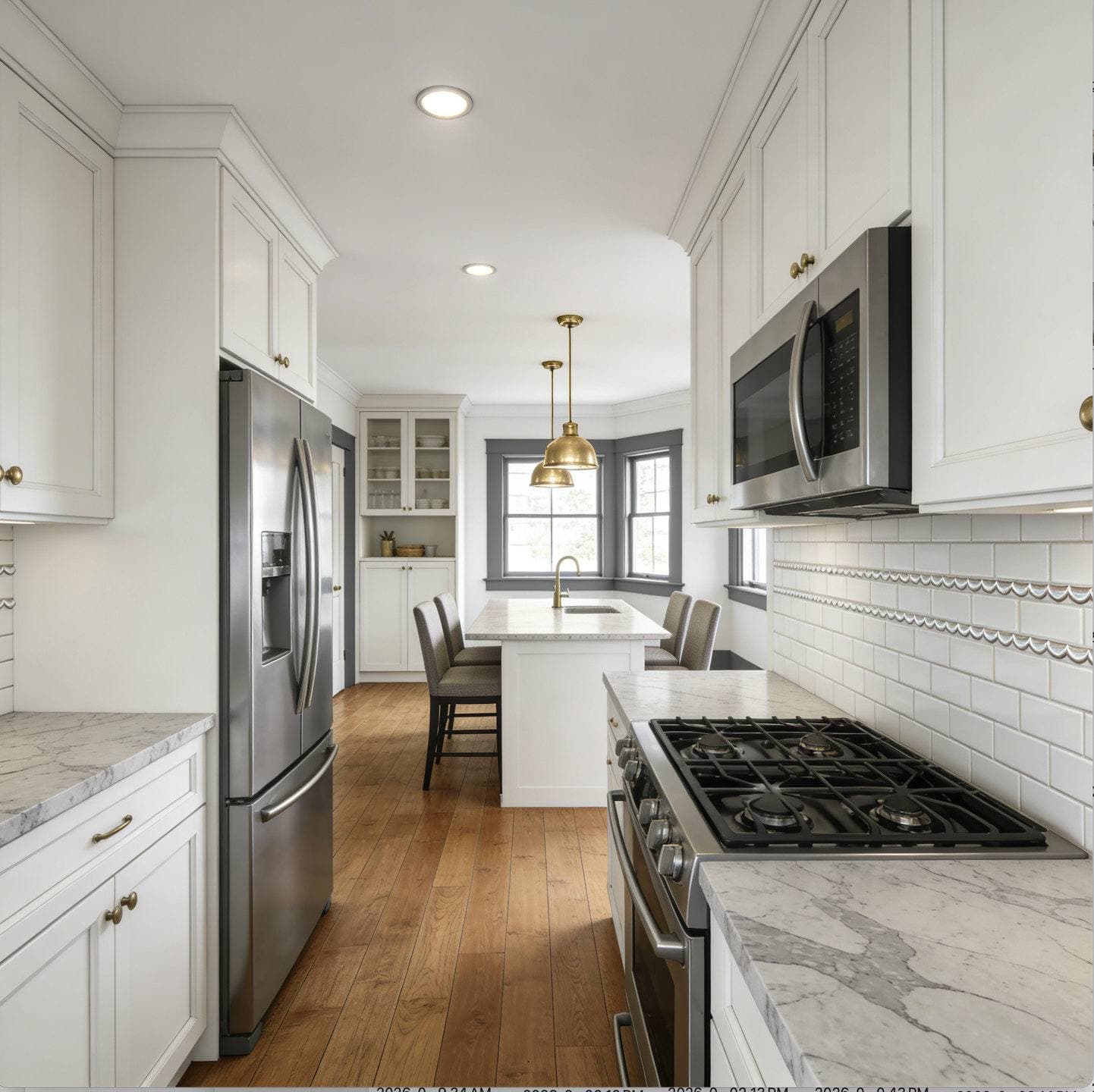 Completed kitchen remodel with white shaker cabinetry, a waterfall-edge island, and stainless steel appliances
