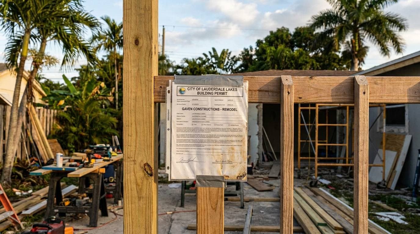 Posted City of Lauderdale Lakes building permit at active Gaven Constructions remodel jobsite