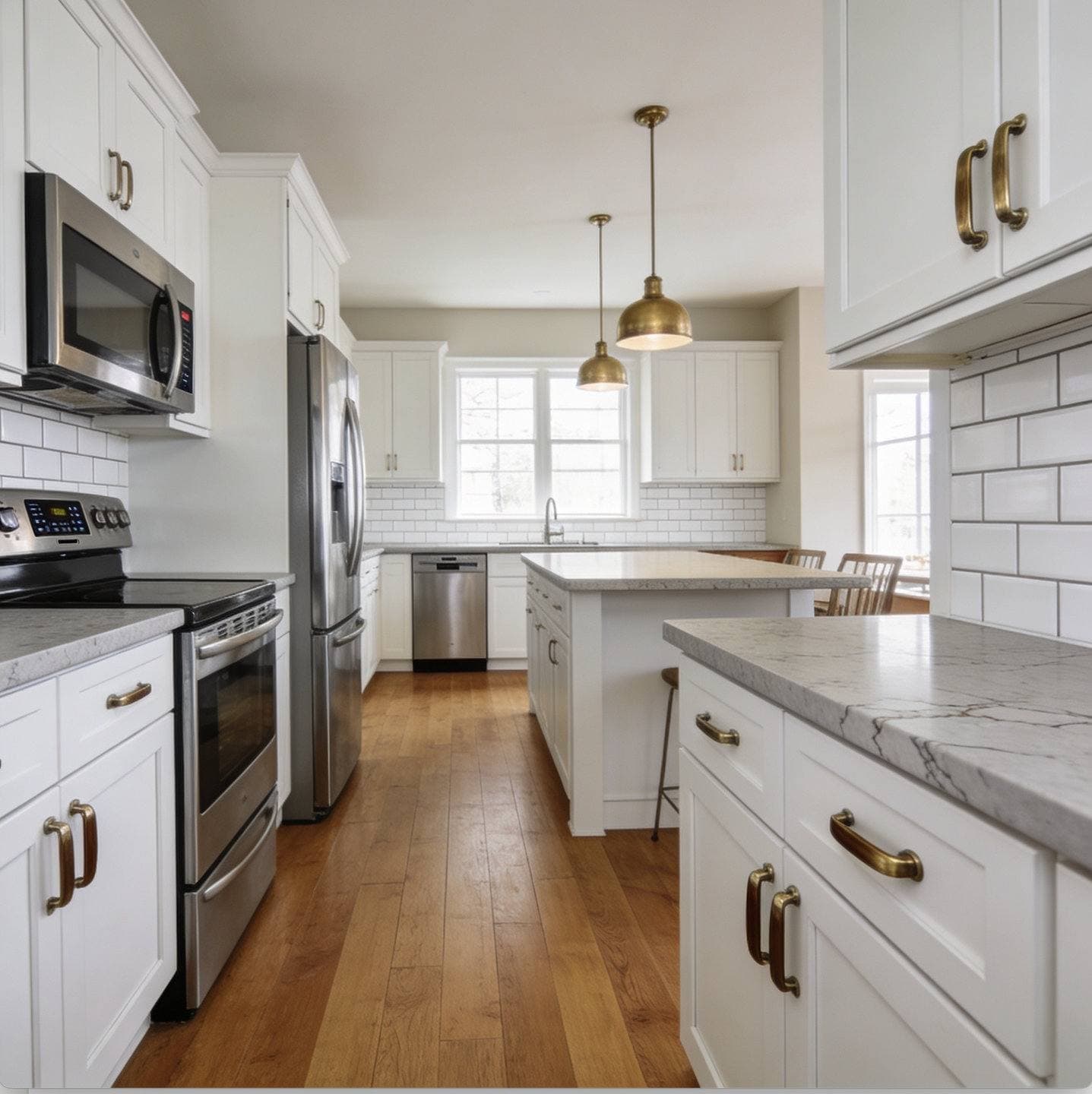 Completed kitchen remodel with white shaker cabinetry, a center island with pendant lighting, and stainless steel appliances