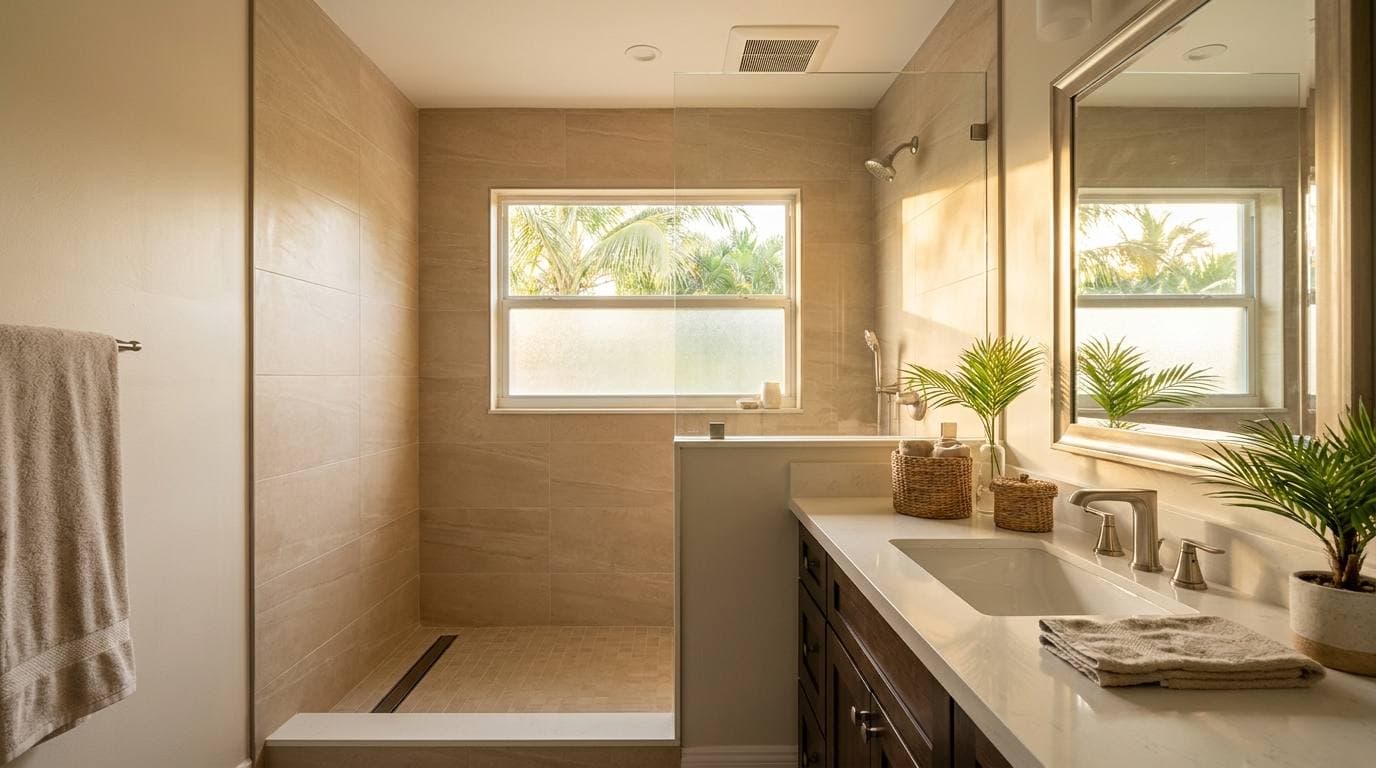 Oakland Estates 1968 ranch hall bath AFTER remodel — curbed shower with linear drain, 12×24 porcelain tile, quartz vanity, code-compliant venting