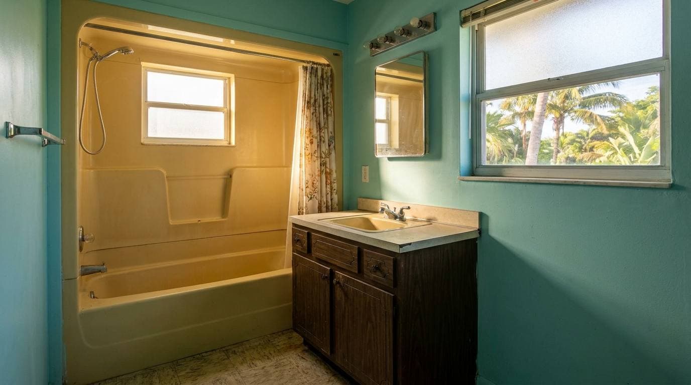 Oakland Estates 1968 ranch hall bath BEFORE remodel — original fiberglass tub-shower, basic vanity, dated fixtures