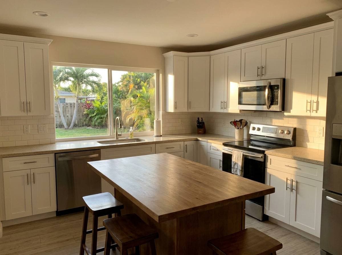 Lauderdale Lakes Oakland Estates ranch kitchen remodel — finished interior with semi-custom cabinetry and quartz countertops