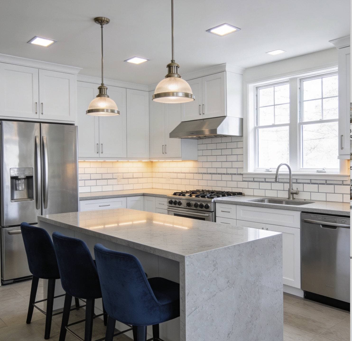 Completed kitchen remodel with white shaker cabinetry, a center island with pendant lighting, and stainless steel appliances