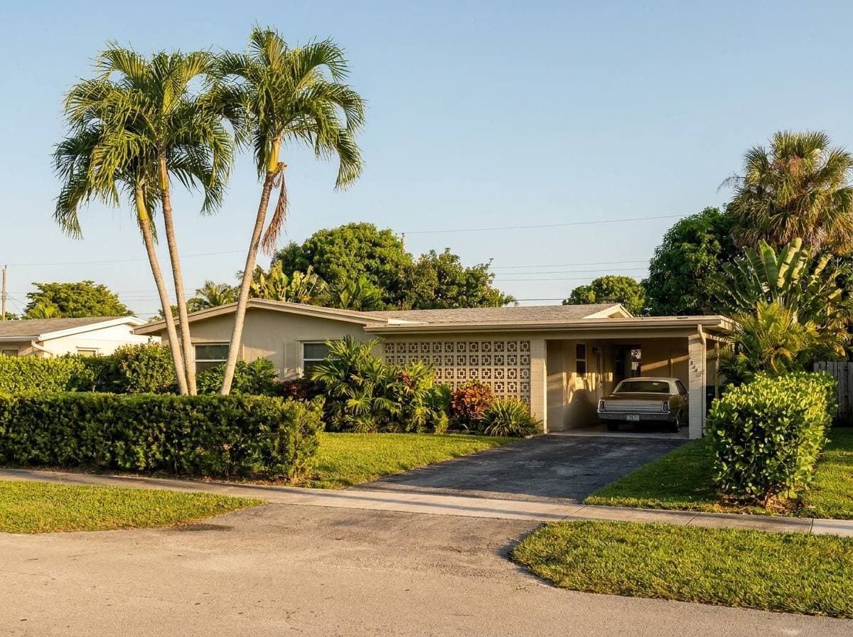 1960s concrete-block ranch single-family in Broward Estates Lauderhill with mature landscaping — typical Lauderhill housing stock
