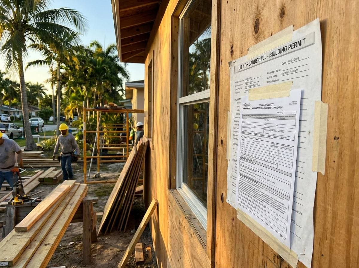City of Lauderhill posted permit at active remodeling jobsite with Broward County BORA Uniform Building Permit Application