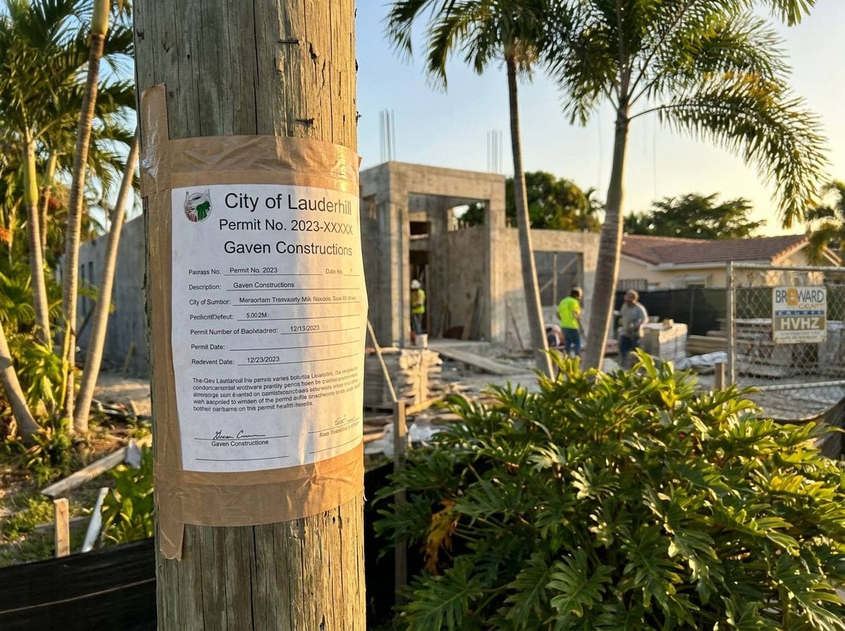 Posted City of Lauderhill building permit at active Gaven Constructions jobsite, Broward County HVHZ context