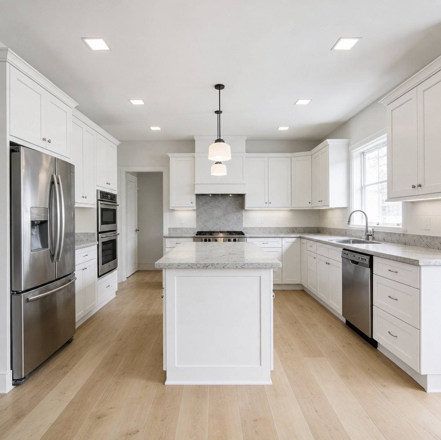 Completed kitchen remodel with white shaker cabinetry, a center island with pendant lighting, and stainless steel appliances