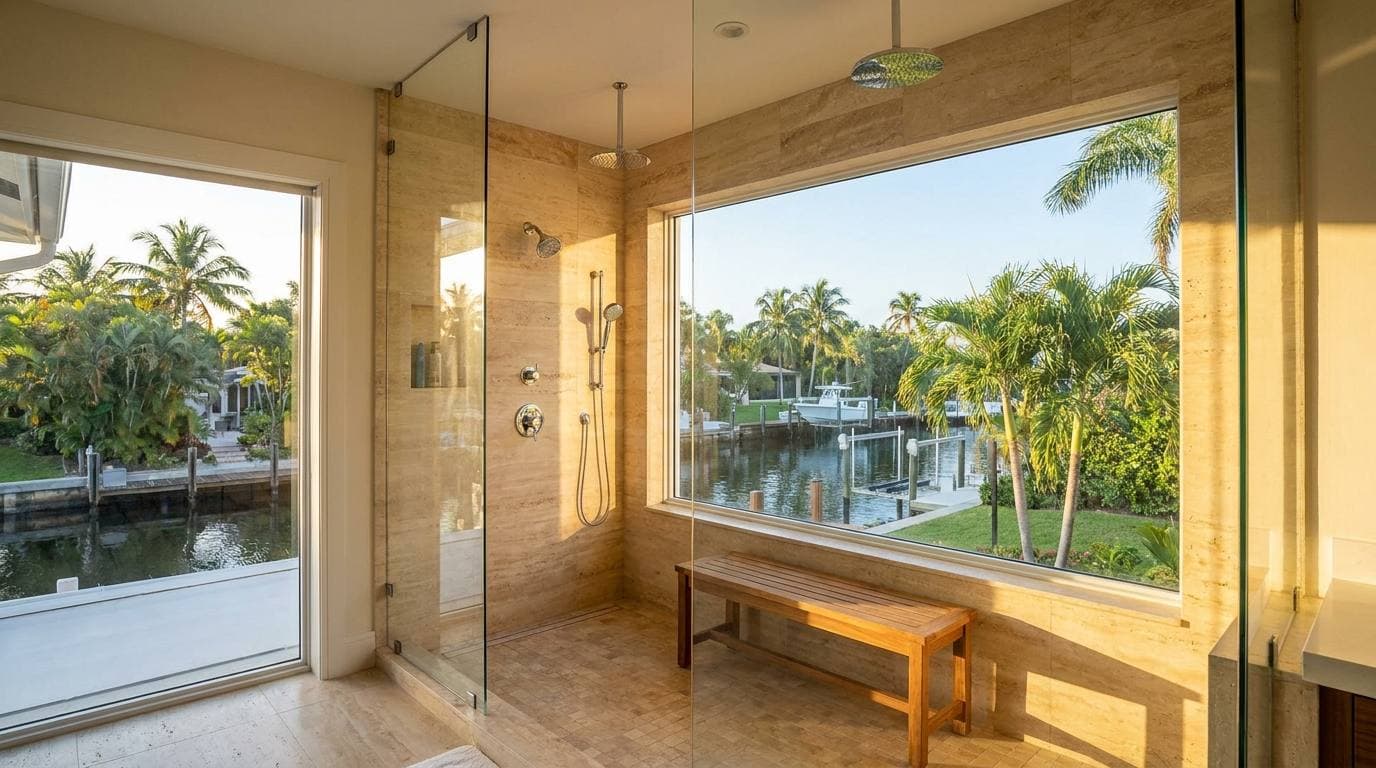 Master bathroom walk-in shower design ideas for Lighthouse Point canal-front homes