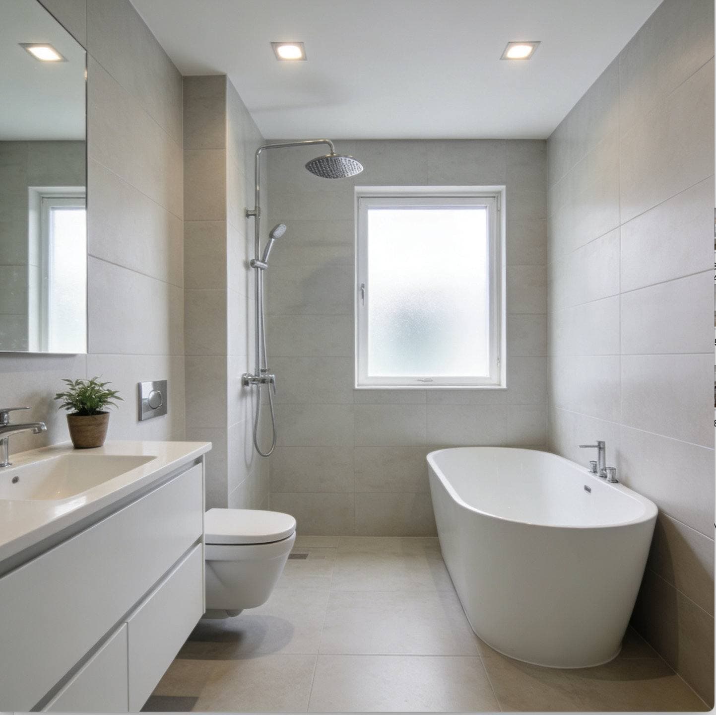 Completed bathroom remodel with a floating wood vanity and a freestanding soaking tub and a glass-enclosed walk-in shower