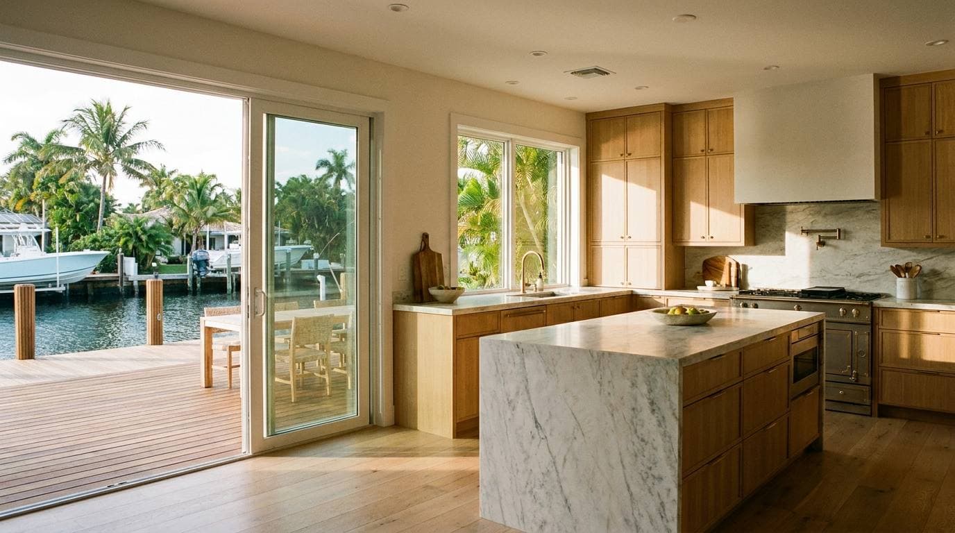 Canal-front kitchen remodel in Lighthouse Point with view to private dock