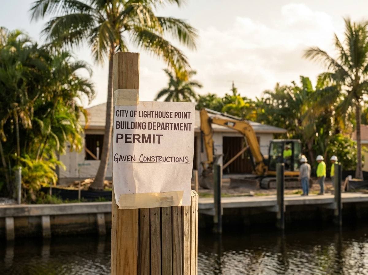 Posted City of Lighthouse Point Building Department permit at active Gaven Constructions canal-front jobsite