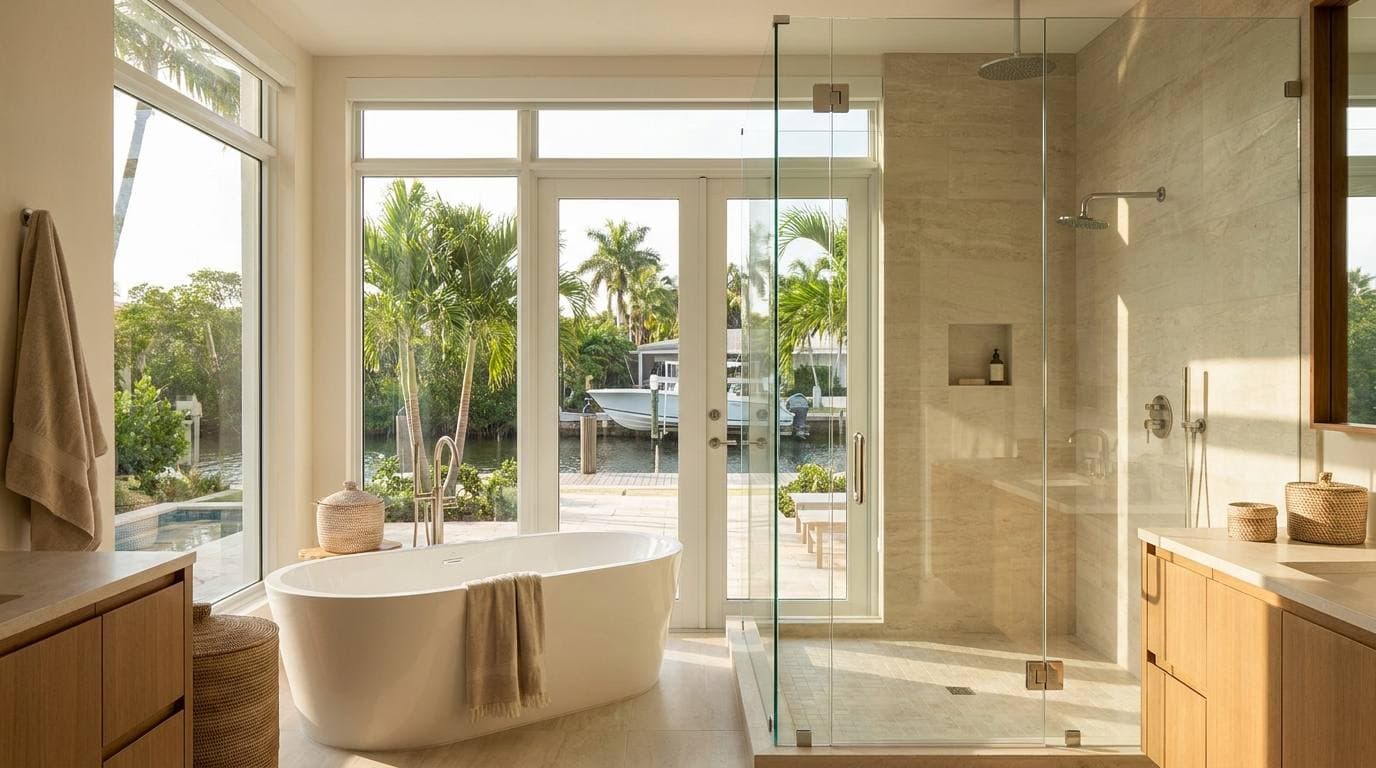 Venetian Isles canal-front primary bath remodel with freestanding tub and frameless glass walk-in shower