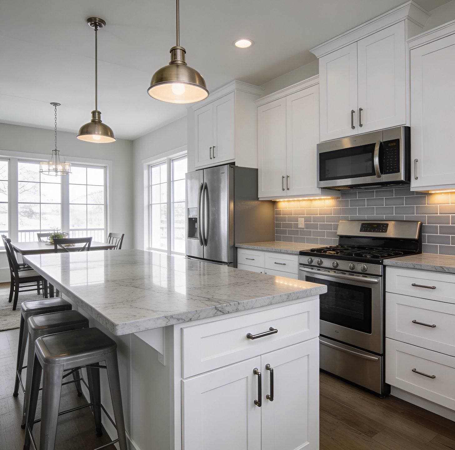 Completed kitchen remodel with white shaker cabinetry, a waterfall-edge island, and stainless steel appliances