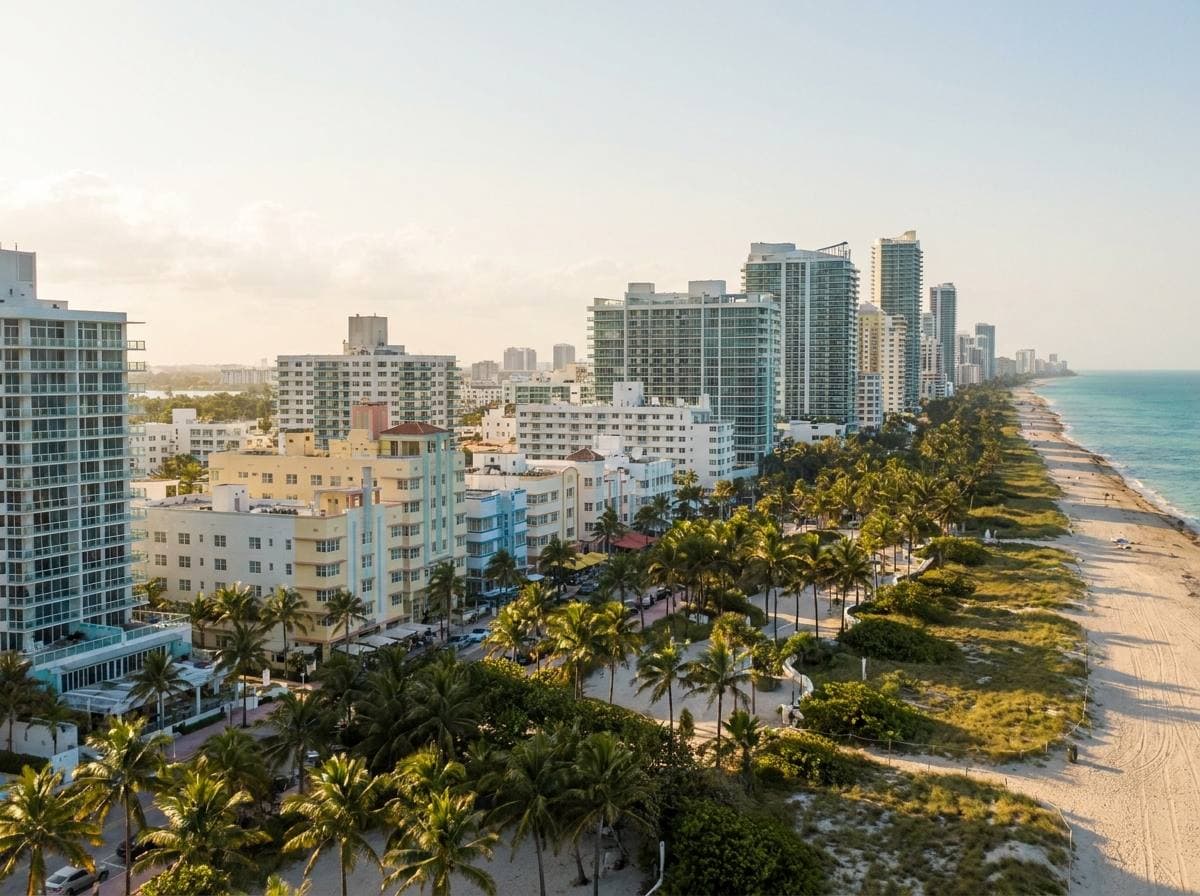 Miami Beach oceanfront tower and Art Deco low-rise housing stock — barrier-island skyline view representative of South Beach to North Beach