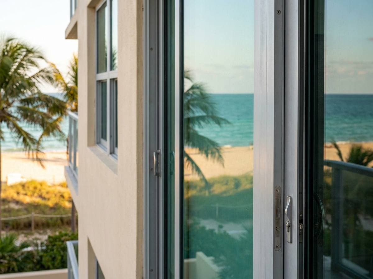NOA-rated impact glass detail on Miami Beach oceanfront unit — High-Velocity Hurricane Zone product approval with marine-grade hardware
