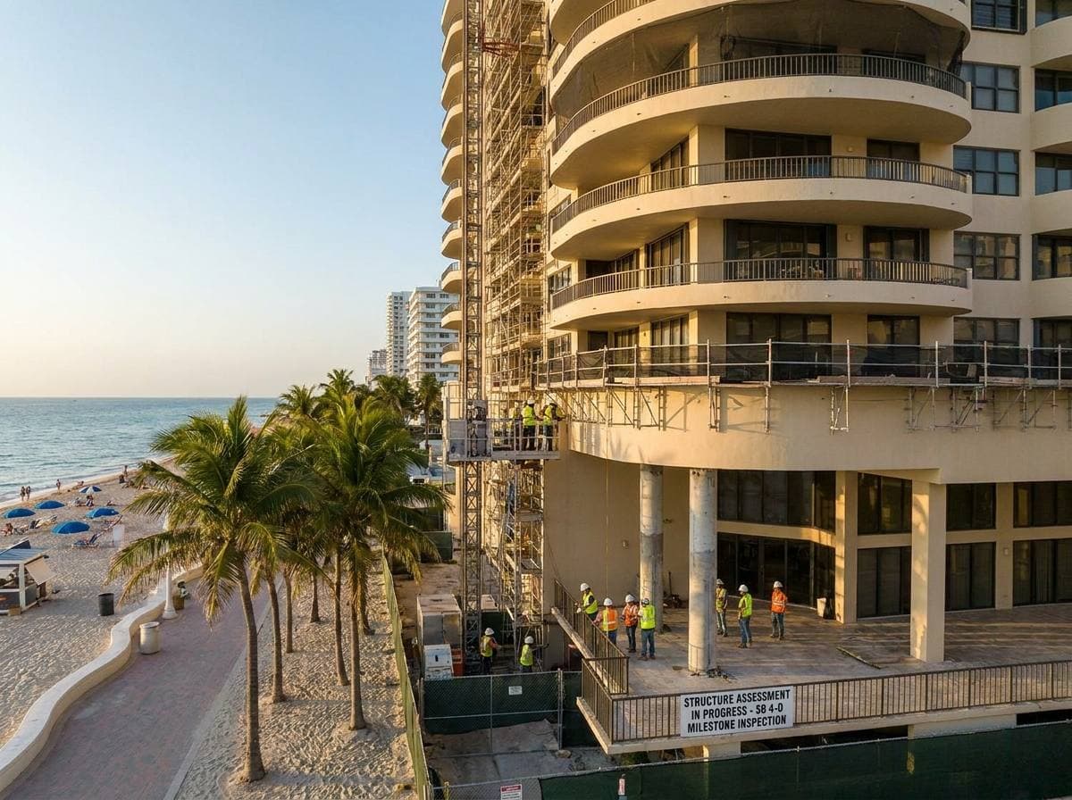 Miami Beach oceanfront condo tower in the SB 4-D milestone-inspection window — 1980s–2000s tower-wave stock undergoing structural assessment