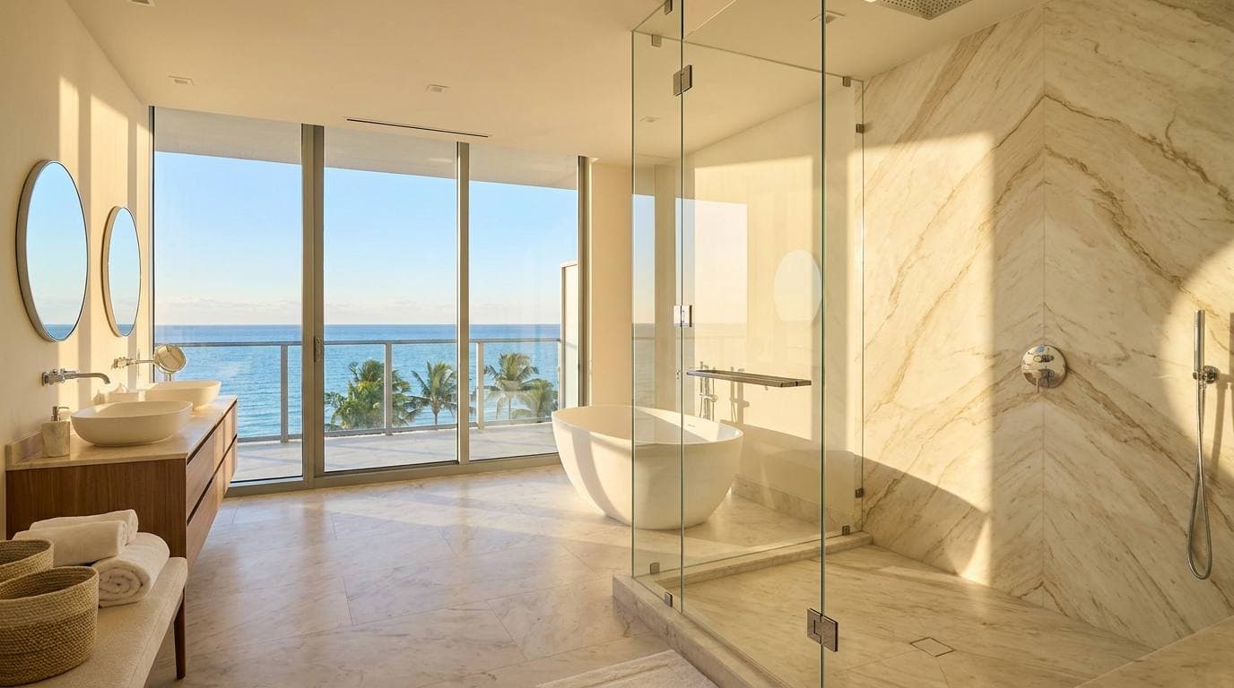 Mid-Beach oceanfront tower primary bath — frameless glass shower, freestanding tub, floating double-vanity, book-matched stone slab wet wall