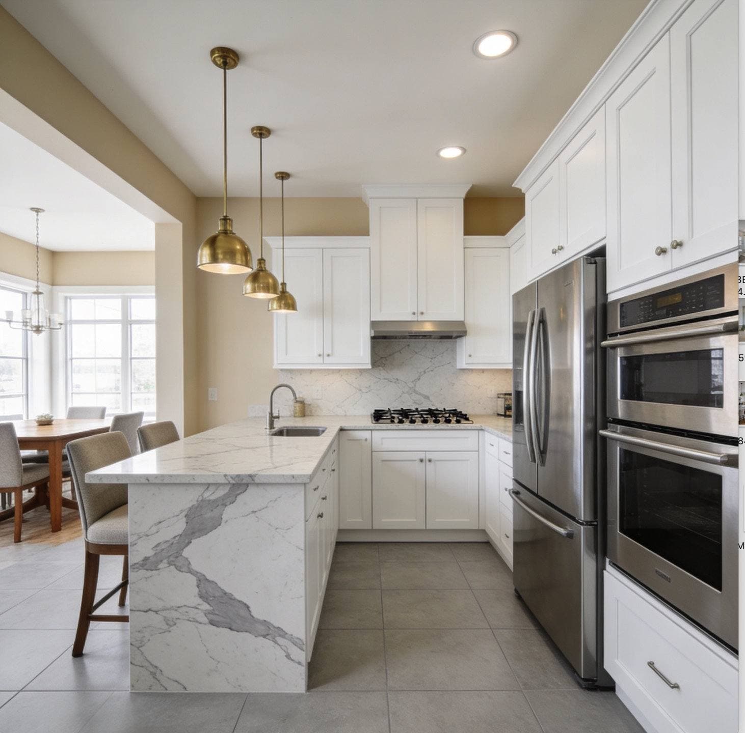 Completed kitchen remodel with white shaker cabinetry, a waterfall-edge island, and stainless steel appliances