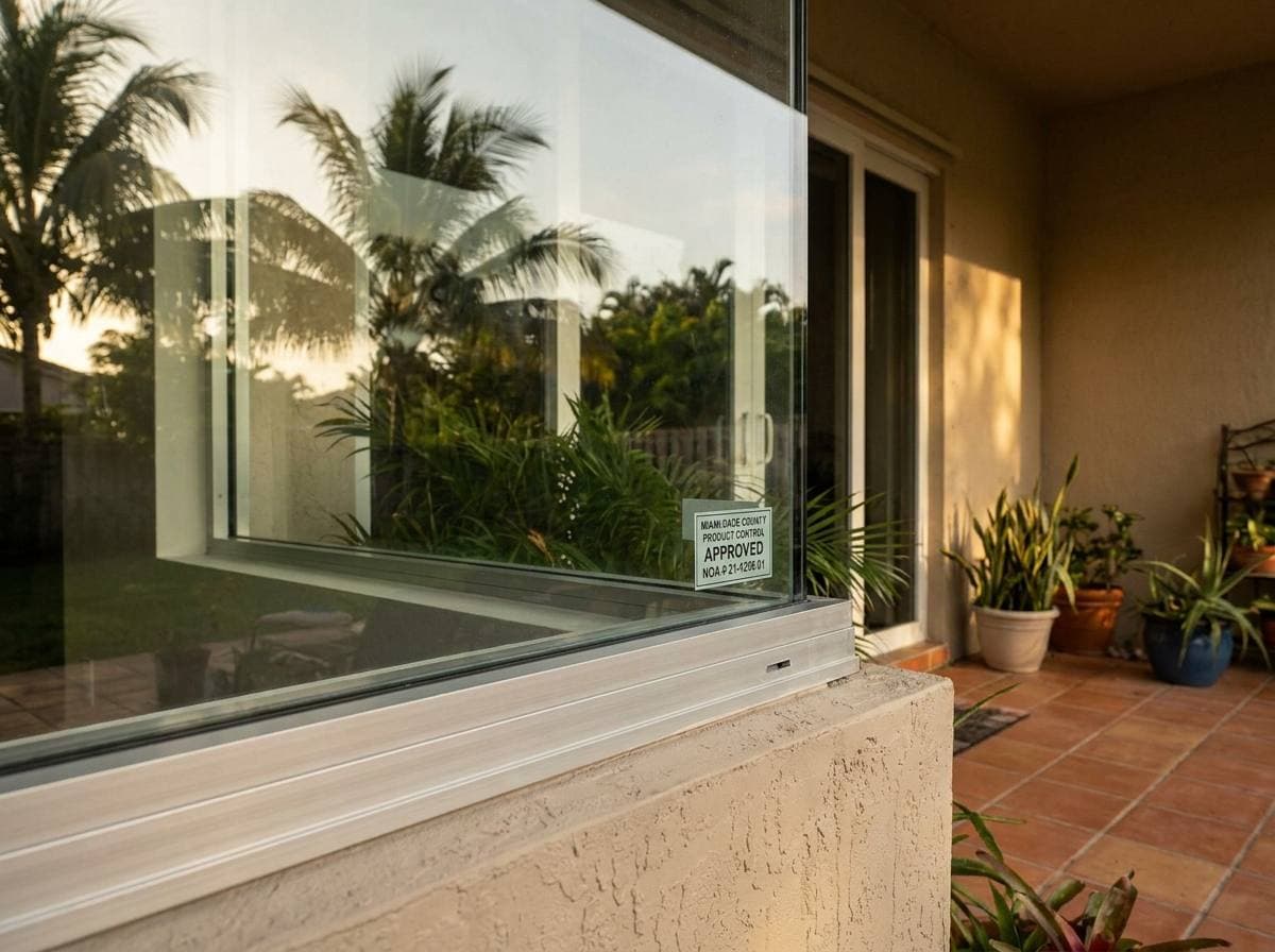 NOA-rated impact glass detail at Miami Gardens single-family home — High-Velocity Hurricane Zone product approval