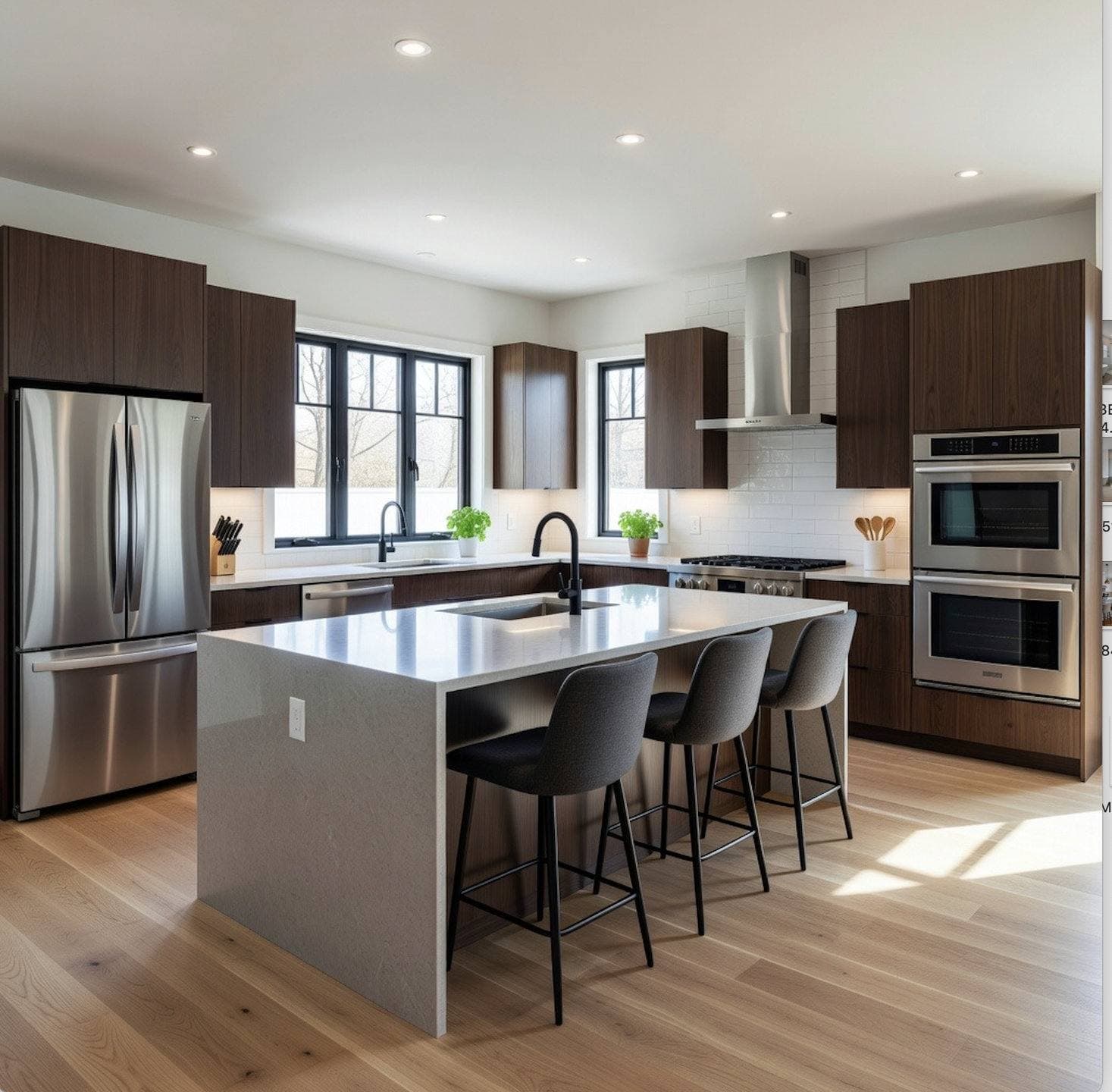 Completed kitchen remodel with two-tone dark and white cabinetry, a center island with pendant lighting, and stainless steel appliances