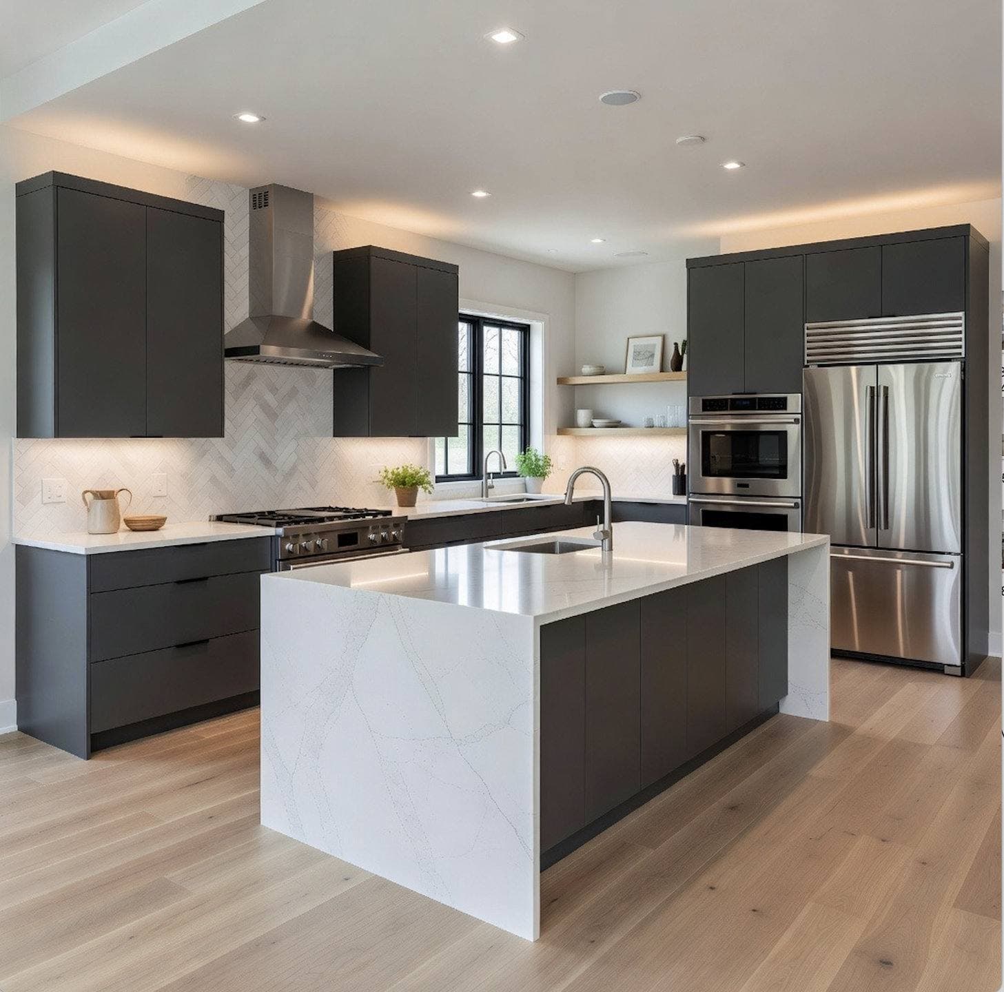 Completed kitchen remodel with white shaker cabinetry, a center island with pendant lighting, and stainless steel appliances