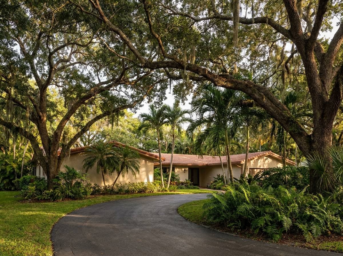 Miami Lakes single-family home with curving driveway and mature canopy trees from the original Lester Collins master plan