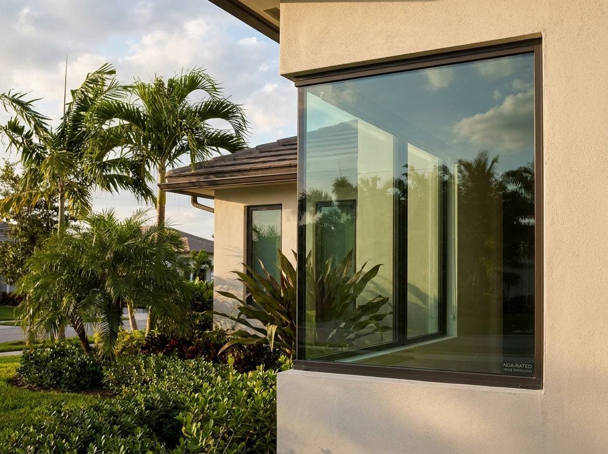 NOA-rated impact glass detail at Miami Lakes single-family home — High-Velocity Hurricane Zone product approval