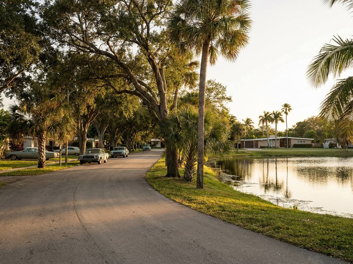 Curving tree-shaded street and artificial lake from the Lester Collins Miami Lakes master plan, originally laid out 1958–1962