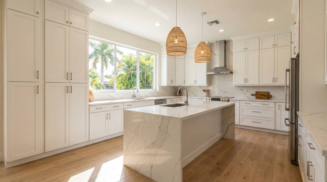 Lake Patricia neighborhood single-family kitchen — Tier 03 full gut remodel with semi-custom shaker cabinetry, quartz counters, and waterfall island