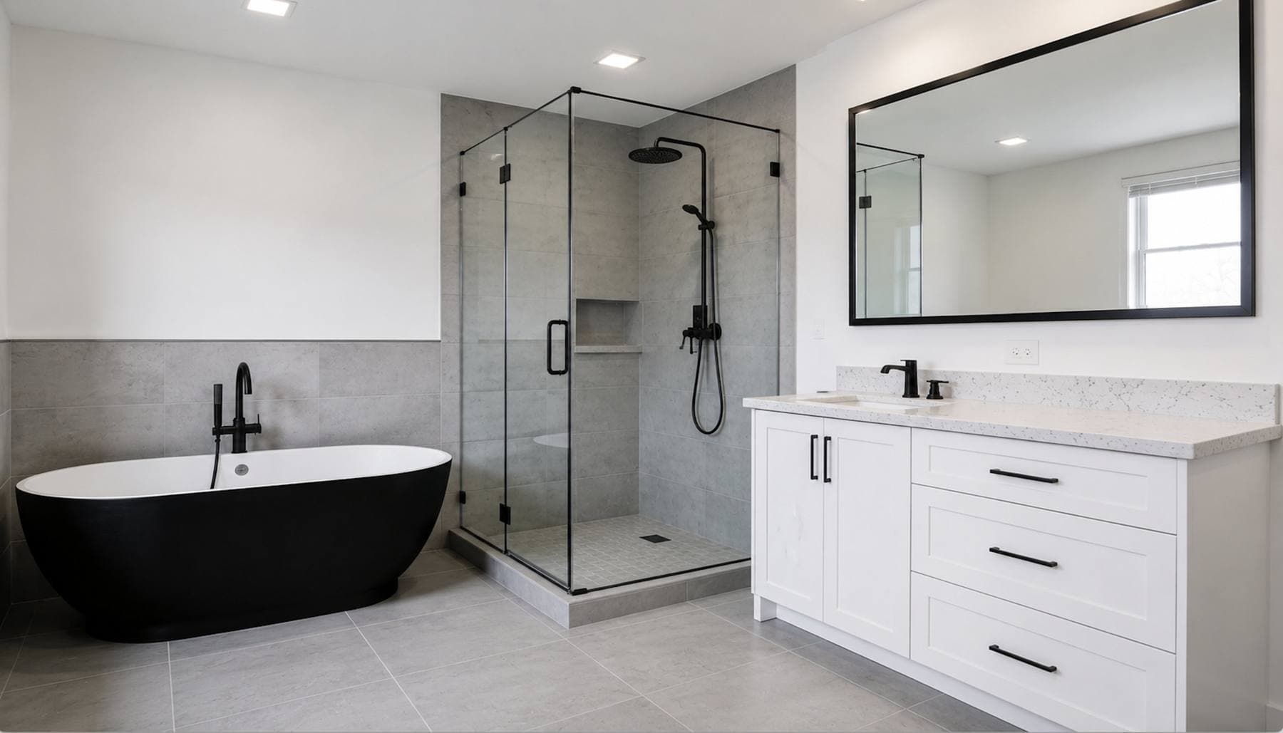 Completed bathroom remodel with a floating wood vanity and a frameless glass walk-in shower
