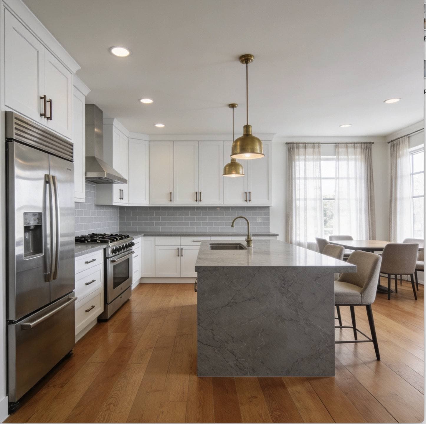 Completed kitchen remodel with white shaker cabinetry, a center island with pendant lighting, and stainless steel appliances