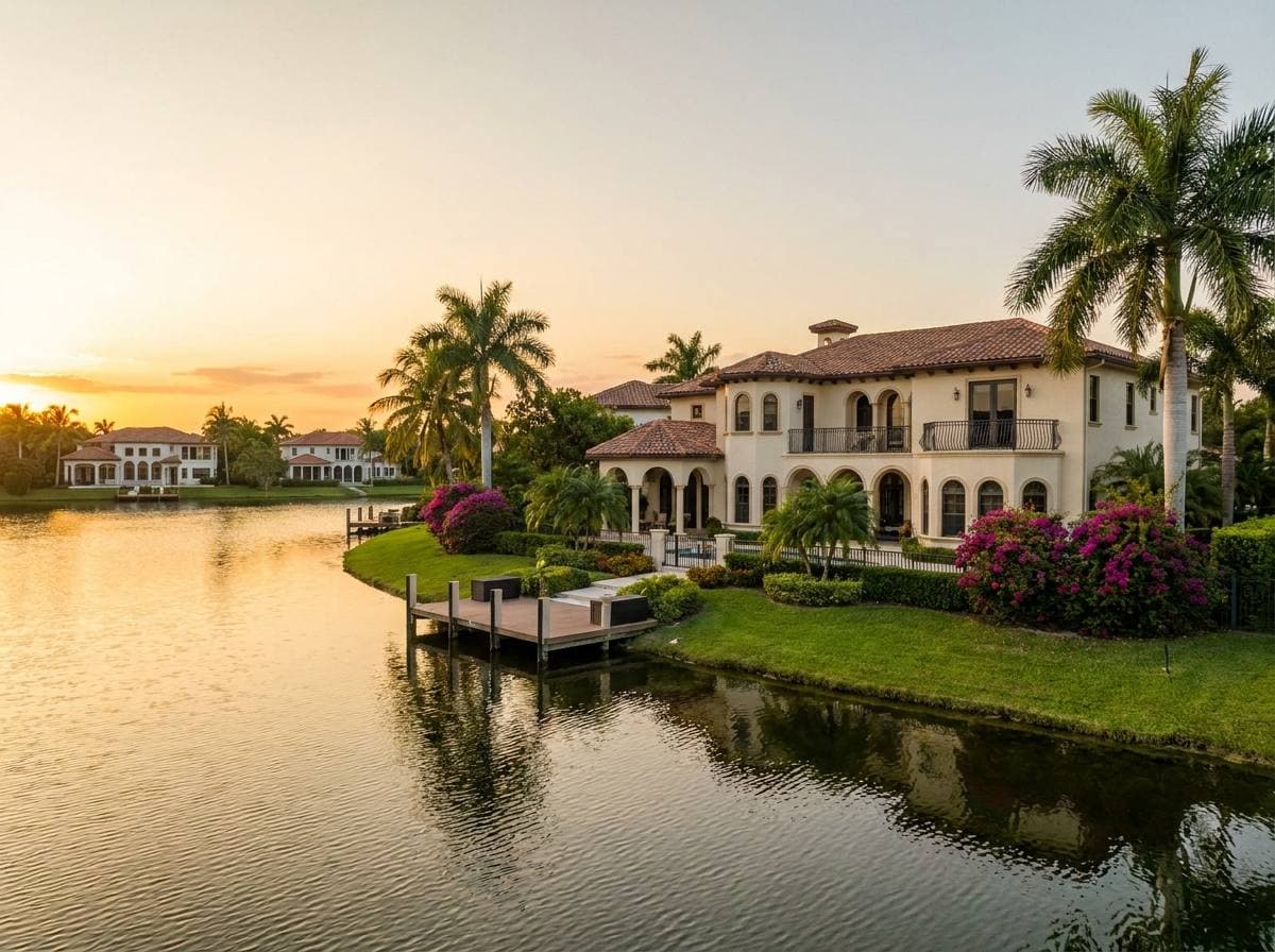 Sunset Lakes Mediterranean-style single-family home with lakefront lot — typical West Miramar gated-community housing stock