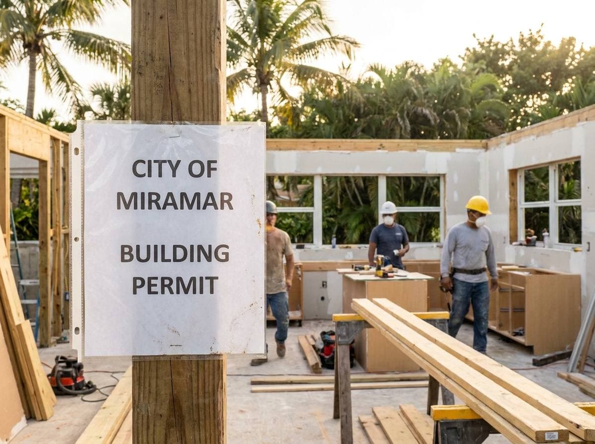 Posted City of Miramar building permit at active Gaven Constructions Sunset Lakes kitchen jobsite