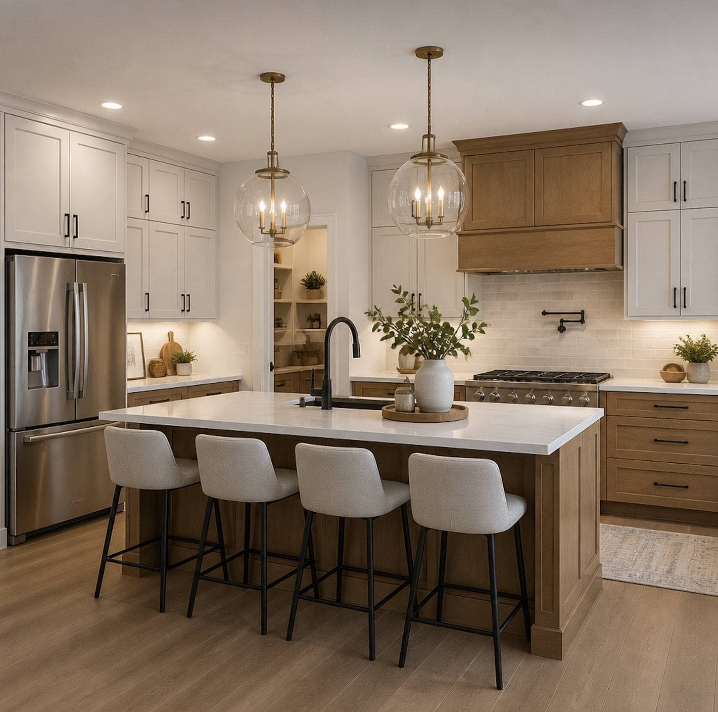 Completed kitchen remodel with white shaker cabinetry, a center island with pendant lighting, and stainless steel appliances