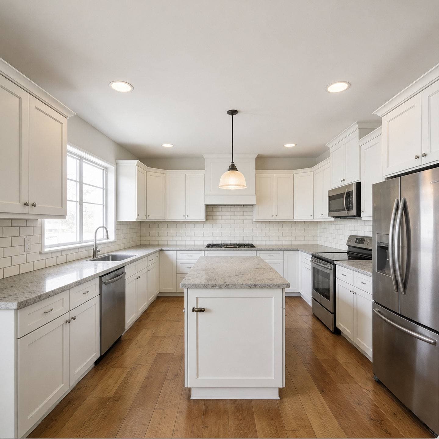 Completed kitchen remodel with white shaker cabinetry, a center island with pendant lighting, and stainless steel appliances