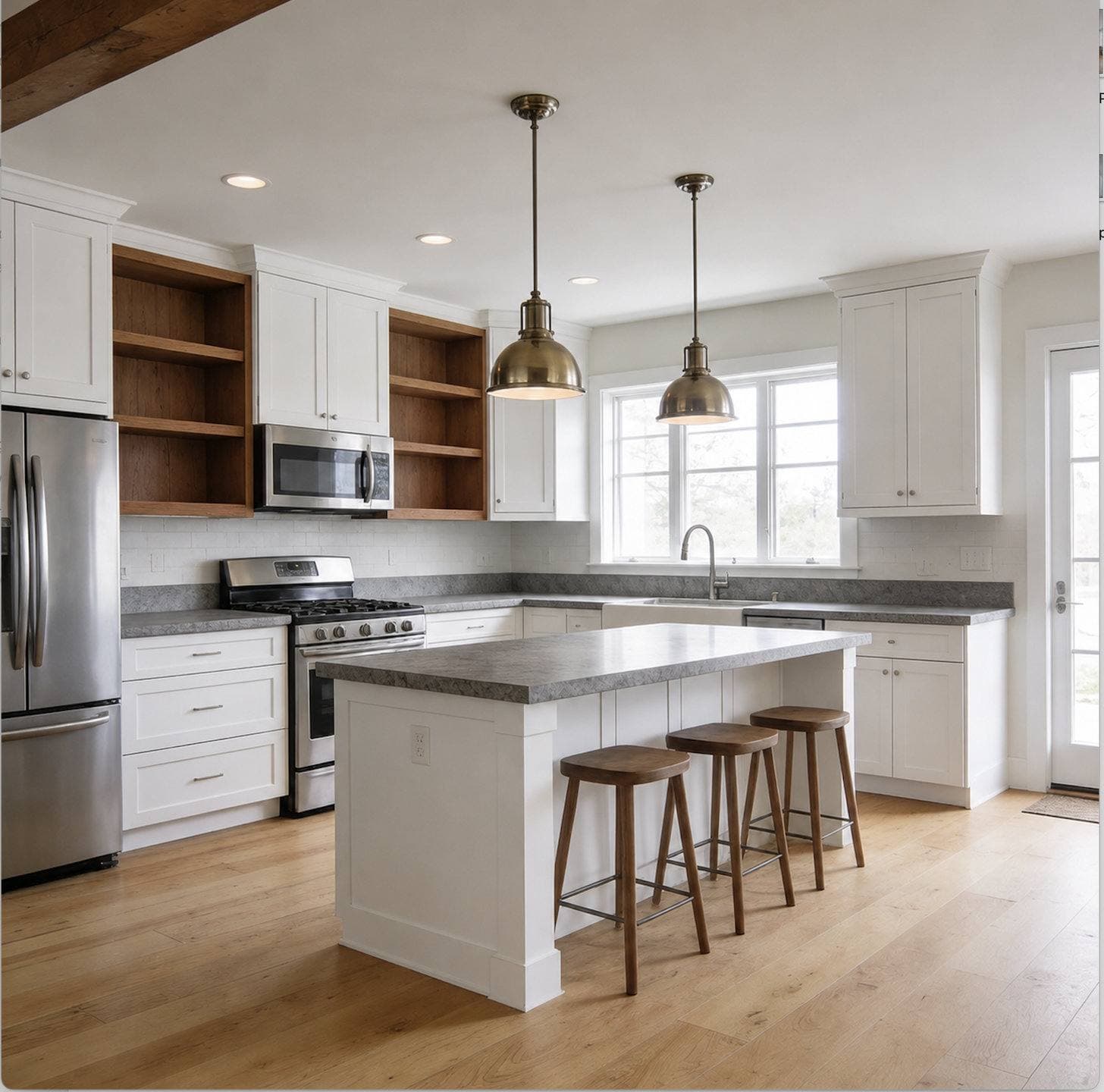 Completed kitchen remodel with two-tone dark and white cabinetry, a center island with pendant lighting, and stainless steel appliances