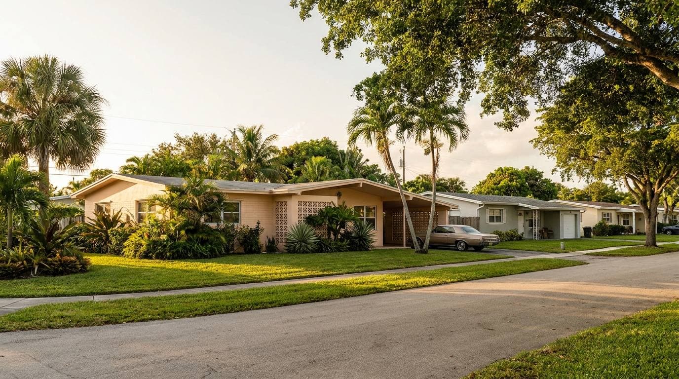 Mid-century single-family CBS ranch typical of North Miami residential blocks between Biscayne Boulevard and the Keystone Point waterfront