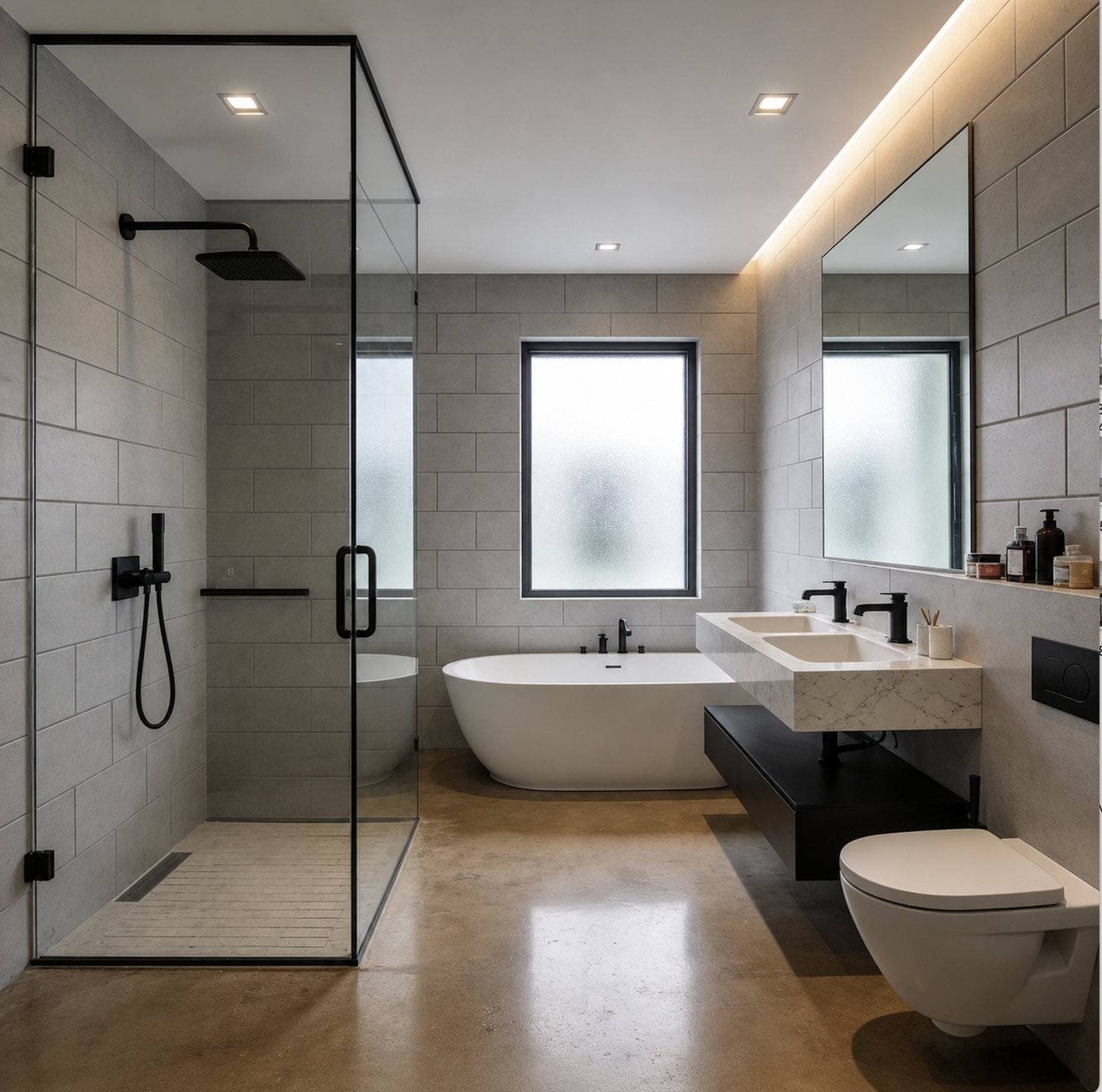 Completed bathroom remodel with a floating wood vanity and a frameless glass walk-in shower