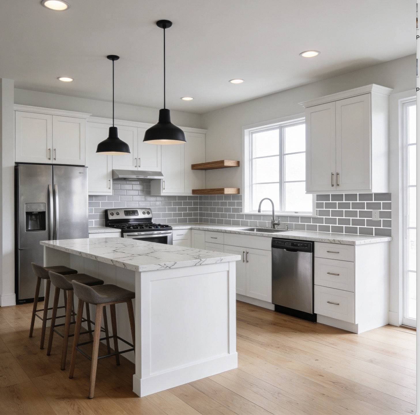 Completed kitchen remodel with white shaker cabinetry, a waterfall-edge island, and stainless steel appliances